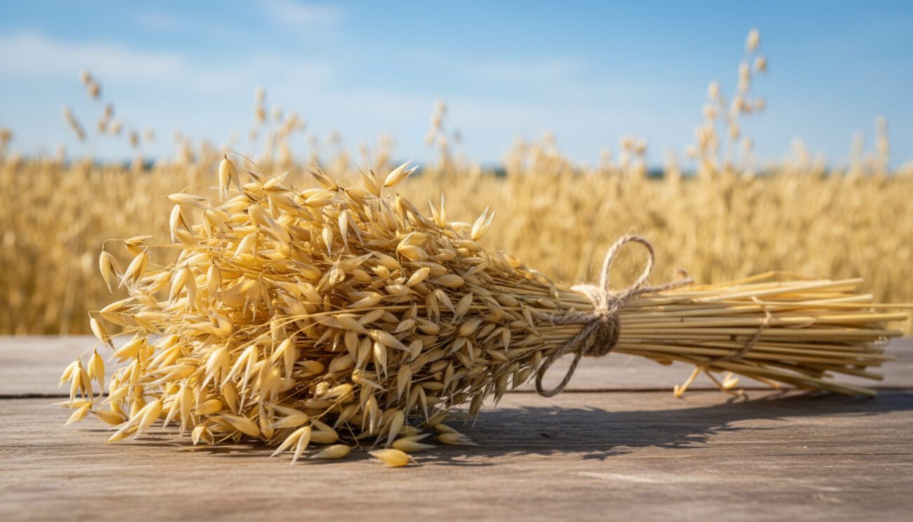 777941 Secebalsa - La Sierra Noticias Bundle of golden oats tied with string on a wooden surface, with a ripe oat field in the background.