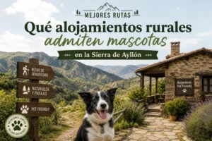 mejores-rutas-en-Que-alojamientos-rurales-admiten-mascotas-en-la-Sierra-de-Ayllon - La Sierra Noticias Pet-friendly rural lodging in Sierra de Ayllón, with a dog in the foreground and a stone building on the right amid signposts and mountains.
